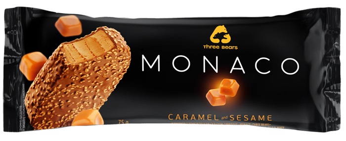 Saldējums MONACO THREE BEARS karameļu, šokolādes glazūrā ar sezama sēklām, 75g/140ml