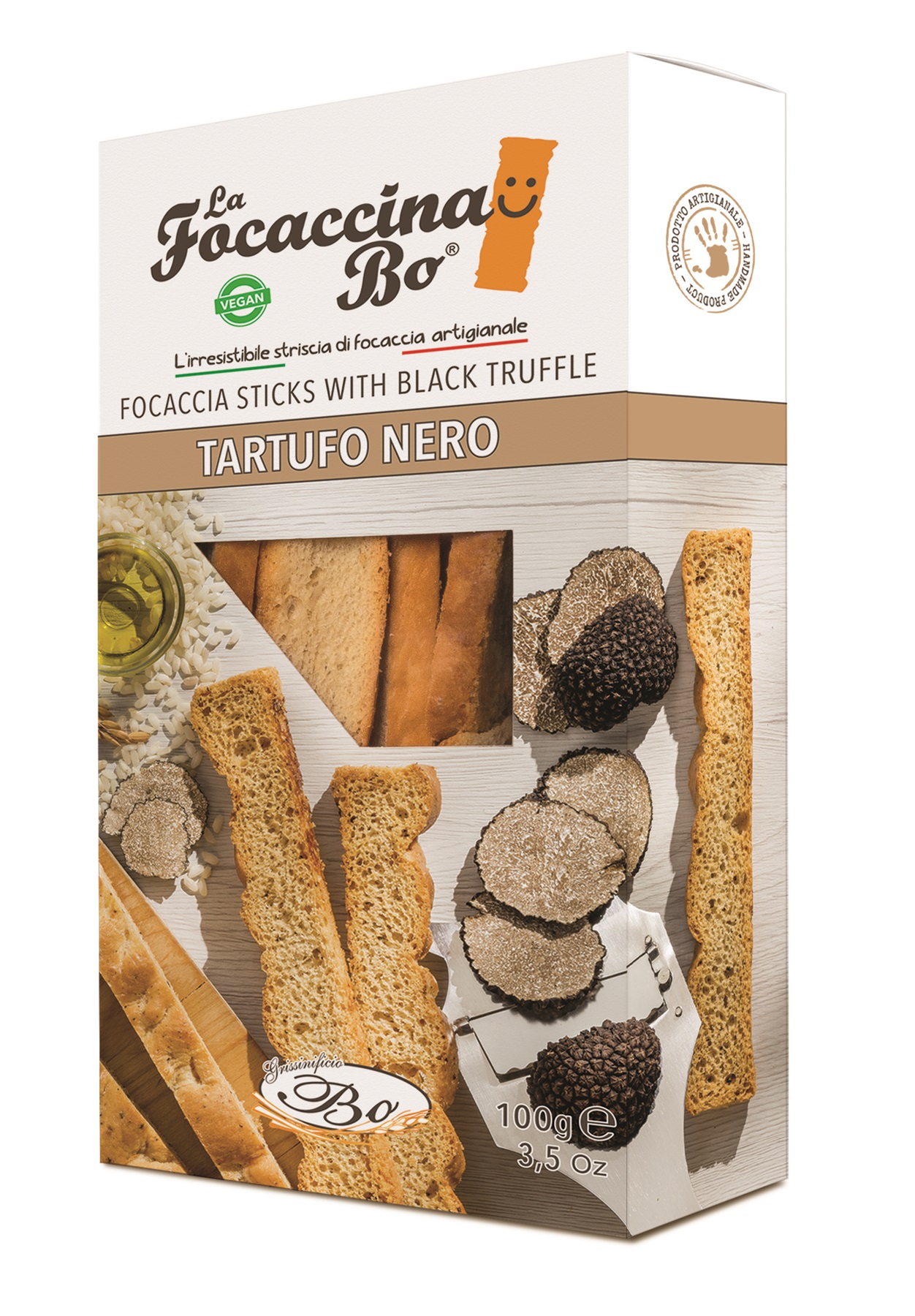 Maizes standziņas FOCACCINA Al Tartufo, ar melno trifeli un rīsu eļļu, roku darbs, 100g