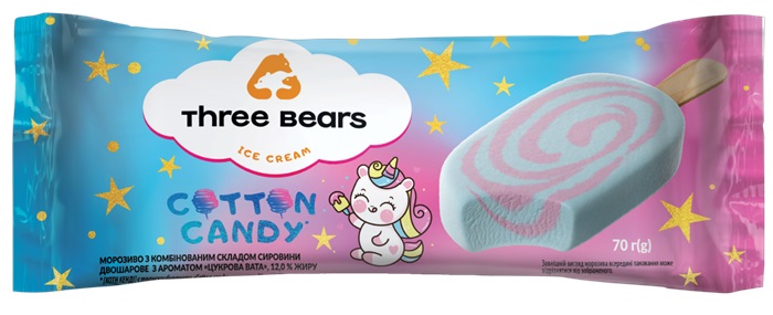 Saldējums THREE BEARS Cotton Candy, uz kociņa, 70g/115ml