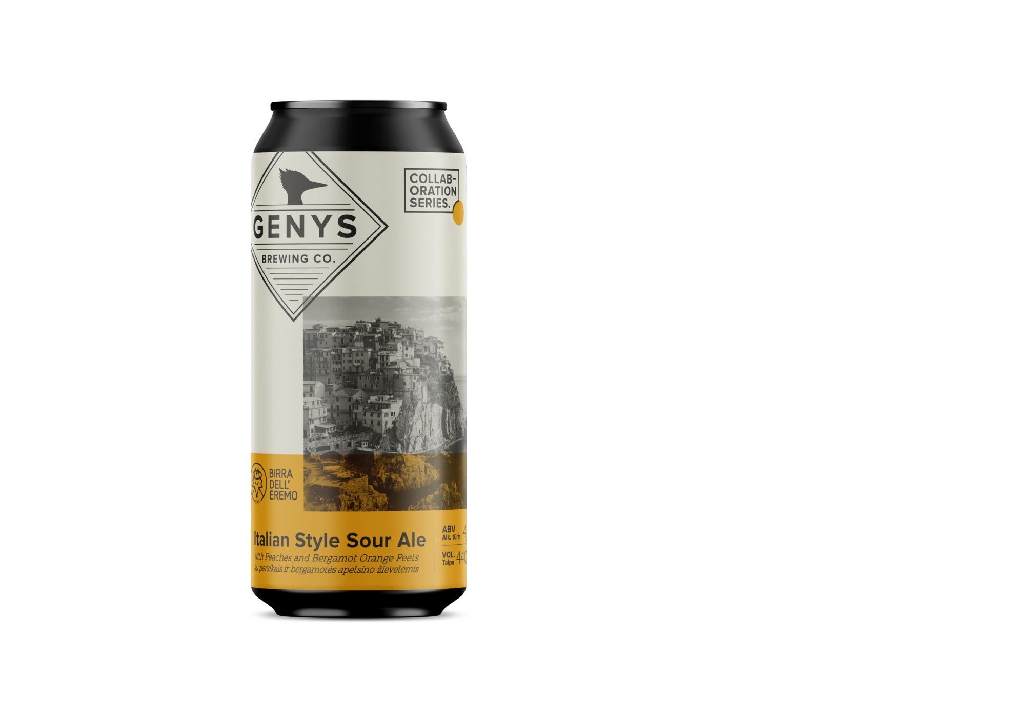 Alus GENYS BREWING Italian Style Sour Ale Birra dell'Eremo, ar persikiem un bergamoti, 4,5%, bundžā,