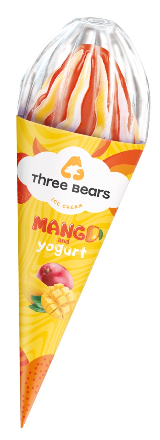 Saldējums THREE BEARS jogurta, ar mango garšu, vafeļu konusā, 150g/270ml